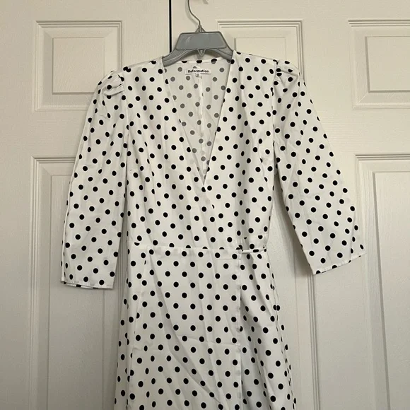 NEW Reformation Hilltop Midi Wrap Dress w/ Sleeves Polka Dot Malta Size S - Picture 13 of 14
